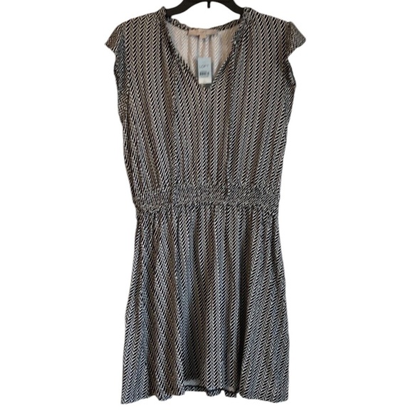 NWT LOFT Womens Dress Sz LP herringbone Smocked Waist Flutter Sleeve Business - Picture 1 of 8
